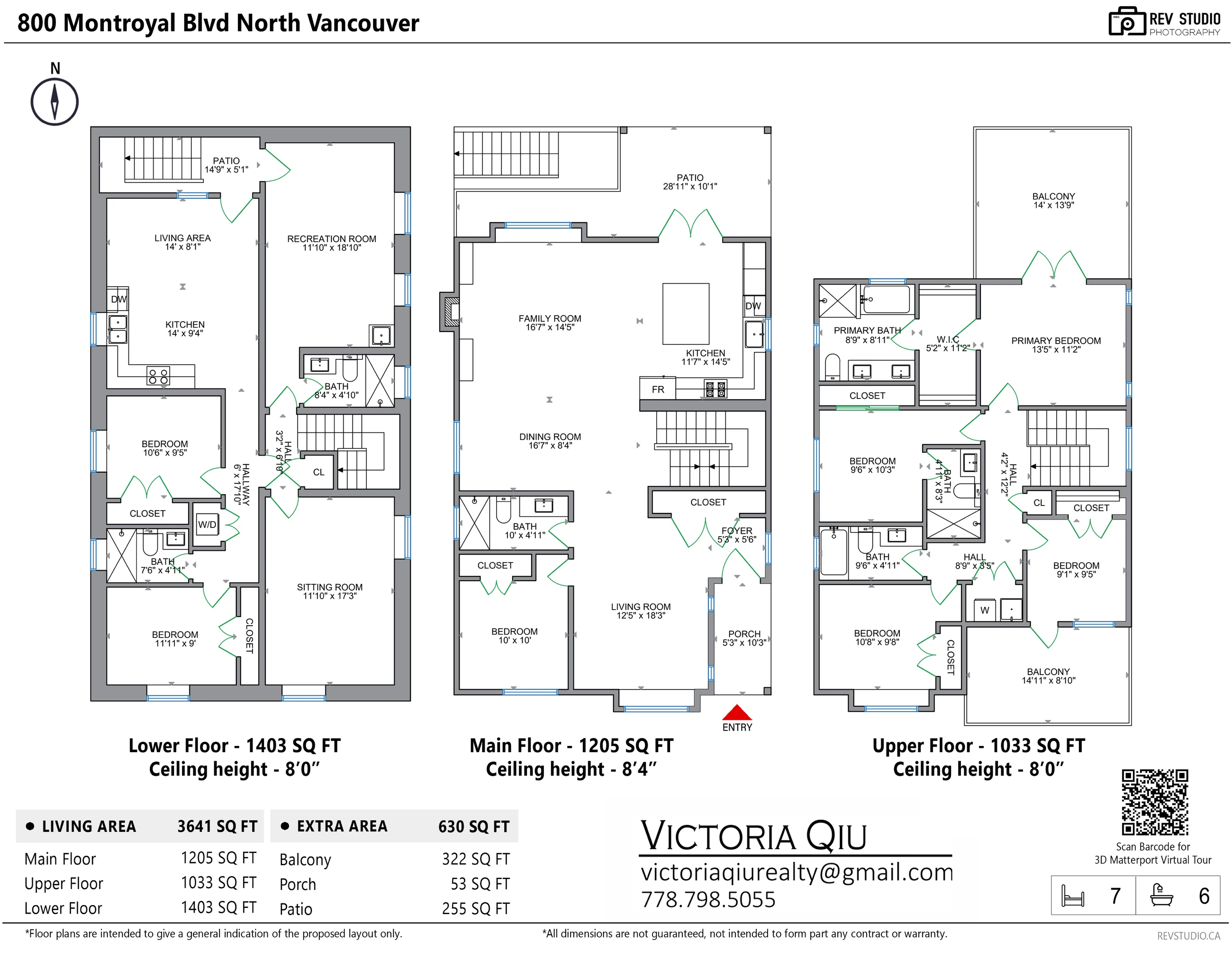 Floor plan of 800 Montroyal Boulevard over three floors: lower floor with a living area, kitchen, recreation room, sitting room, two bedrooms and two bathrooms; main floor with living room, bedroom, bathroom, family room, dining room and kitchen; upper floor with four bedrooms, three bathrooms and two balconies